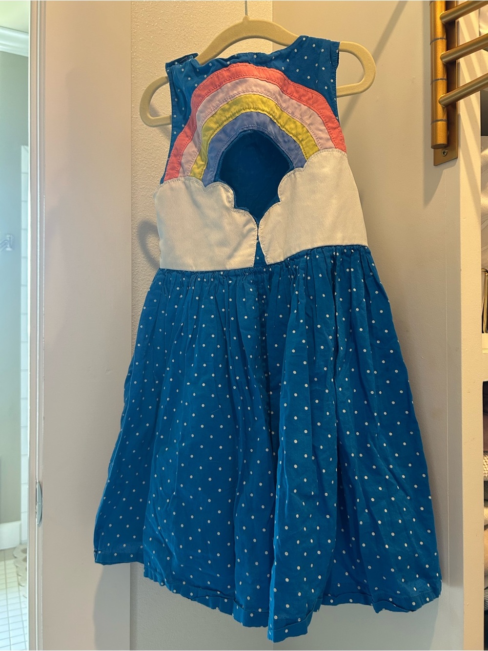 Mini Boden Kids' Dot Print Embellished Cutout Cotton Dress in Blue with Rainbow - Picture 4 of 8